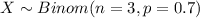 X \sim Binom(n=3, p=0.7)
