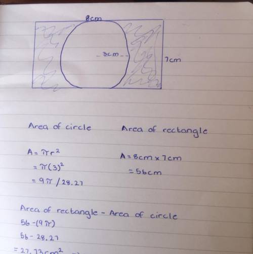 A circle with radius of 3 cm sits inside a 8 cm x 7 cm rectangle. What is the area of the shaded reg