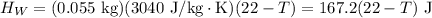 H_W = (0.055\text{ kg})(3040\text{ J/kg}\cdot\text{K})(22-T) = 167.2(22-T) \text{ J}