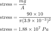 \text{stress}=\dfrac{mg}{A}\\\\\text{stress}=\dfrac{90\times 10}{\pi (3.9\times 10^{-3})^2}\\\\\text{stress}=1.88\times 10^7\ Pa