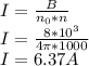 I=\frac{B}{n_{0}*n } \\I=\frac{8*10^{3} }{4\pi*1000 } \\I=6.37A
