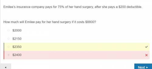 Emilee’s insurance company pays for 75% of her hand surgery, after she pays a $200 deductible. How m