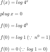 f(x) = log \:  {4}^{x}  \\  \\ plug \: x = 0 \\  \\ f(0) = log \:  {4}^{0} \\  \\ f(0) = log \:  1 \: ( \because \: {n}^{0} = 1) \\  \\ f(0) = 0 \: ( \because \: log \: 1 = 0)