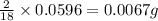 \frac{2}{18}\times 0.0596=0.0067g