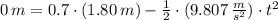 0\,m = 0.7\cdot (1.80\,m) -\frac{1}{2}\cdot (9.807\,\frac{m}{s^{2}} )\cdot t^{2}