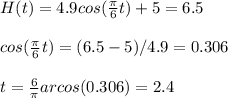 H(t)=4.9cos(\frac{\pi}{6}t)+5=6.5\\\\cos(\frac{\pi}{6}t)=(6.5-5)/4.9=0.306\\\\t=\frac{6}{\pi}arcos(0.306)=2.4