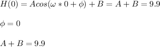 H(0)=Acos(\omega* 0+\phi)+B=A+B=9.9\\\\ \phi=0\\\\A+B=9.9