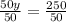 \frac{50y}{50}=\frac{250}{50}