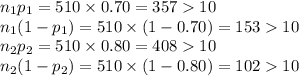 n_{1} p_{1}=510\times 0.70=35710\\n_{1} (1-p_{1})=510\times (1-0.70)=15310\\n_{2} p_{2}=510\times 0.80=40810\\n_{2} (1-p_{2})=510\times (1-0.80)=10210\\