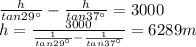 \frac{h}{tan 29^{\circ}}-\frac{h}{tan 37^{\circ}}=3000\\h=\frac{3000}{\frac{1}{tan 29^{\circ}}-\frac{1}{tan 37^{\circ}}}=6289 m