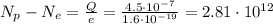 N_p-N_e=\frac{Q}{e}=\frac{4.5\cdot 10^{-7}}{1.6\cdot 10^{-19}}=2.81\cdot 10^{12}