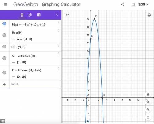 H(x)=-5x^2+10x+15 what is the height of the stone at the time it is thrown