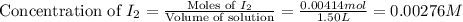 \text{Concentration of }I_2=\frac{\text{Moles of }I_2}{\text{Volume of solution}}=\frac{0.00414mol}{1.50L}=0.00276M