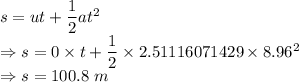 s=ut+\dfrac{1}{2}at^2\\\Rightarrow s=0\times t+\dfrac{1}{2}\times 2.51116071429\times 8.96^2\\\Rightarrow s=100.8\ m