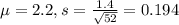 \mu = 2.2, s = \frac{1.4}{\sqrt{52}} = 0.194