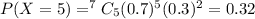 P(X=5)=^7C_5(0.7)^5(0.3)^2=0.32