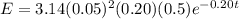 E=3.14(0.05)^2(0.20)(0.5)e^{-0.20t}