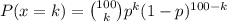 P(x=k)=\binom{100}{k}p^k(1-p)^{100-k}