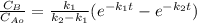 \frac{C_{B} }{C_{Ao} } =\frac{k_{1} }{k_{2}-k_{1}  } (e^{-k_{1}t } -e^{-k_{2}t } )
