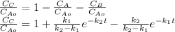 \frac{C_{C} }{C_{Ao} } =1-\frac{C_{A} }{C_{Ao} } -\frac{C_{B} }{C_{Ao} } \\\frac{C_{C} }{C_{Ao} }=1+\frac{k_{1} }{k_{2}-k_{1}  } e^{-k_{2} t}-\frac{k_{2} }{k_{2}-k_{1}  }  e^{-k_{1}t }