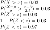 P(Xx)=0.03\\P(\frac{X-\mu}{\sigma}\frac{x-3}{2.5})=0.03\\P(Zz)=0.03\\1-P(Z