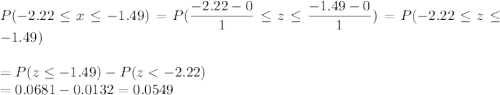 P(-2.22 \leq x \leq -1.49) = P(\displaystyle\frac{-2.22 - 0}{1} \leq z \leq \displaystyle\frac{-1.49-0}{1}) = P(-2.22 \leq z \leq -1.49)\\\\= P(z \leq -1.49) - P(z < -2.22)\\= 0.0681 - 0.0132 = 0.0549