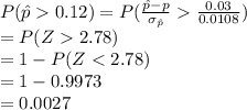P(\hat p0.12)=P(\frac{\hat p-p}{\sigma_{\hat p}}\frac{0.03}{0.0108})\\=P(Z2.78)\\=1-P(Z