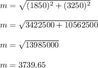 m = \sqrt{(1850)^2 + (3250)^2} \\\\m = \sqrt{3422500 + 10562500} \\\\m = \sqrt{13985000} \\\\m = 3739.65