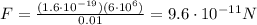 F=\frac{(1.6\cdot 10^{-19})(6\cdot 10^6)}{0.01}=9.6\cdot 10^{-11}N