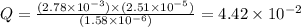 Q=\frac{(2.78\times 10^{-3})\times (2.51\times 10^{-5})}{(1.58\times 10^{-6})}=4.42\times 10^{-2}