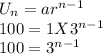 U_n=ar^{n-1}\\100=1 X 3^{n-1}\\100=3^{n-1}