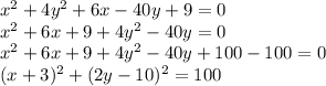 x^2 + 4y^2 + 6x-40y+9 =0\\x^2 + 6x+9+4y^2-40y=0\\x^2+6x+9+4y^2-40y+100-100=0\\(x+3)^2+(2y-10)^2=100