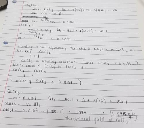 Calculate theoretical yield of calcium carbonate from the moles of limiting reactant.