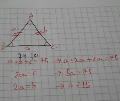 An isosceles triangle has a perimeter of 75 cm. Each of the two equal sides is twice as long as the