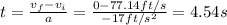 t = \frac{v_{f} - v_{i}}{a} = \frac{0 - 77.14 ft/s}{-17 ft/s^{2}} = 4.54 s