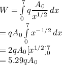 W &=& \int\limits^7_0 {q\dfrac{A_{0}}{x^{1/2}}} \, dx \\&=& qA_{0} \int\limits^7_0 {x^{-1/2}} \, dx \\&=& 2qA_{0}[x^{1/2}]_{0}^{7}\\&=& 5.29 qA_{0}