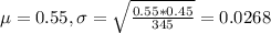 \mu = 0.55, \sigma = \sqrt{\frac{0.55*0.45}{345}}} = 0.0268