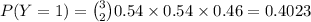P(Y=1) = \binom{3}{2} 0.54 \times 0.54 \times 0.46 = 0.4023