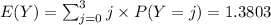 E(Y) = \sum_{j=0}^{3} j \times P(Y=j) = 1.3803