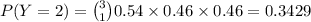P(Y=2) = \binom{3}{1} 0.54 \times 0.46 \times 0.46 = 0.3429