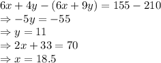 6x+4y-(6x+9y) = 155-210\\\Rightarrow -5y = -55\\\Rightarrow y = 11\\\Rightarrow 2x + 33 = 70\\\Rightarrow x = 18.5