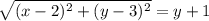\sqrt{(x-2)^2+(y-3)^2}=y+1