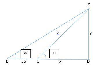 A guy wire to a tower makes a 71° angle with level ground. At a point 36 ft farther from the tower t