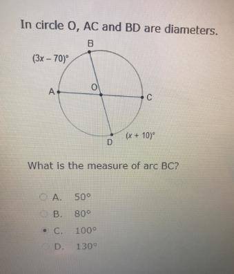 Introduction to Circles Quiz Active In circle o, AC and BD are diameters. What is mBC? (3x - 70° 50°