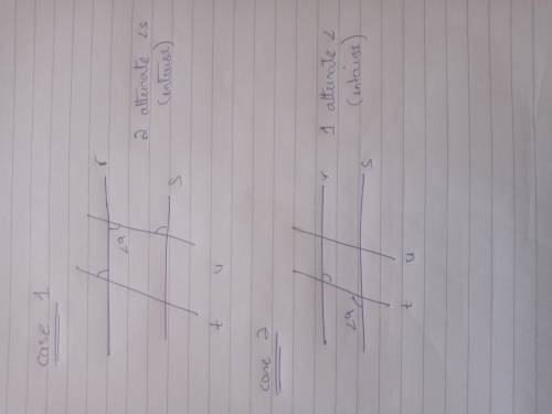 Parallel lines r and s are cut by two transversals, parallel lines t and u. How many angles are alte
