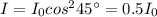 I=I_0 cos^2 45^{\circ} = 0.5I_0
