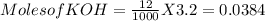 Moles of KOH =\frac{12}{1000} X3.2=0.0384