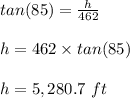 tan (85) = \frac{h}{462} \\\\h = 462 \times tan(85)\\\\h = 5,280.7 \ ft