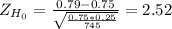 Z_{H_0}= \frac{0.79-0.75}{\sqrt{\frac{0.75*0.25}{745} } }= 2.52