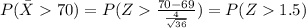 P(\bar X 70)= P(Z\frac{70-69}{\frac{4}{\sqrt{36}}})= P(Z1.5)